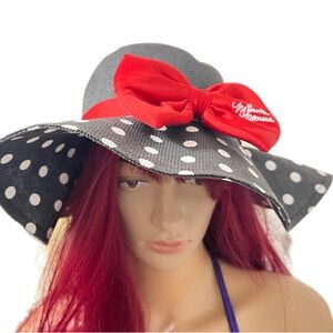 Disney Minnie Mouse Black &White Polka Dot Floppy Hat with Red Bow